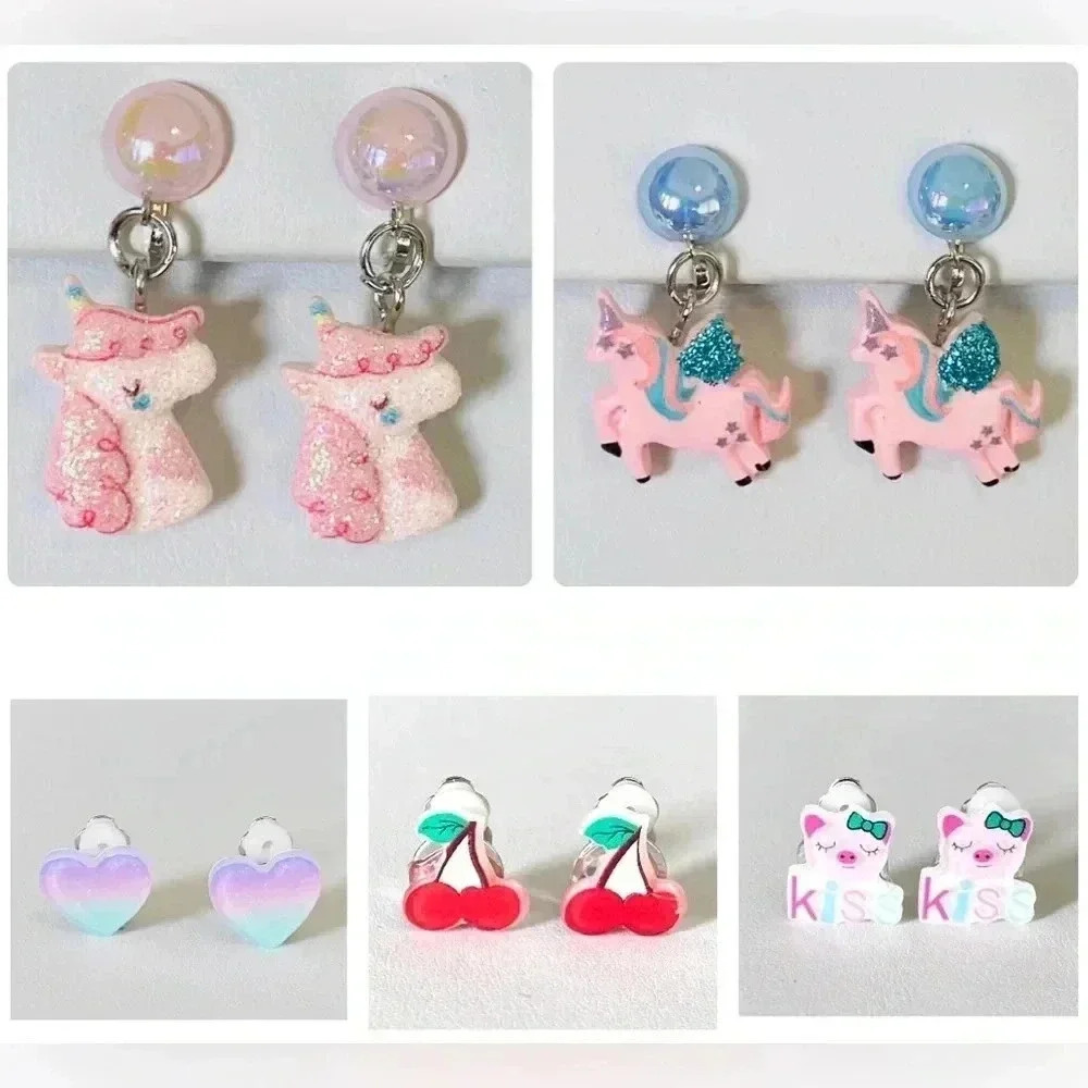 5 Pairs Kids Clip On Cherry Heart Piggy Piggies Kiss Rainbow
